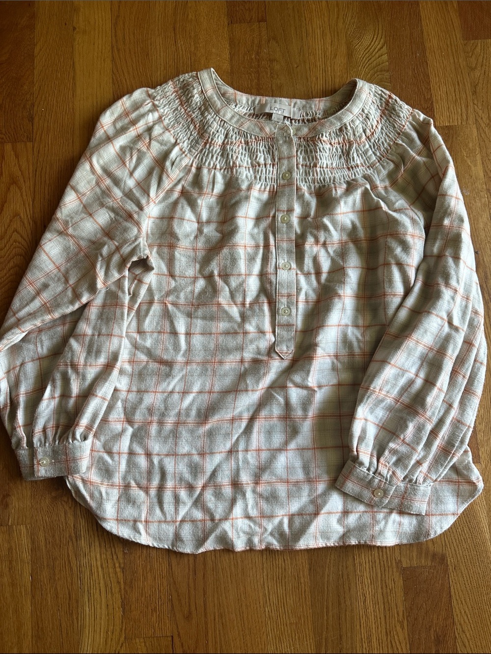 Loft Light Plaid Button Front Peasant Top in Peach and Cream